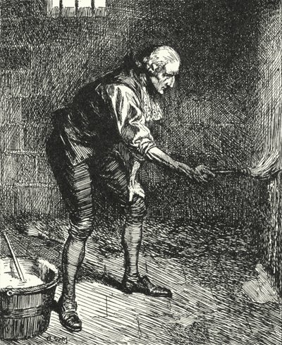 Der englische Gefängnisreformer John Howard reinigt die Wände seiner Gefängniszelle, während er in Venedig unter Quarantäne steht von Alfred Wallis Mills