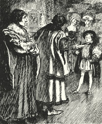 Erasmus beobachtet, wie Sir Thomas More ein Gedicht, das er geschrieben hat, dem jungen Prinzen Heinrich, dem zukünftigen König Heinrich VIII., überreicht von Alfred Wallis Mills