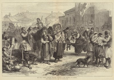 Der Krieg, Frauen tragen verwundete Soldaten ins Krankenhaus in Ivanitza von Alfred William Hunt