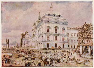 Bau des Palast-Klosters von Mafra, Portugal (Farblithografie) von Alfredo Roque Gameiro