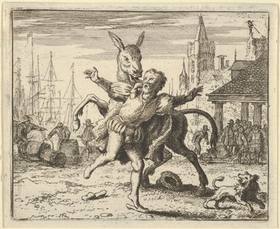 Der Esel, eifersüchtig auf die Aufmerksamkeit, die der Hund von seinem Herrn bekommt, versucht zu imitieren, 1650-75 von Allart van Everdingen