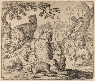 Der Löwe befiehlt einen Massenangriff auf Reynard, wahrscheinlich ca. 1645-1656 von Allart van Everdingen