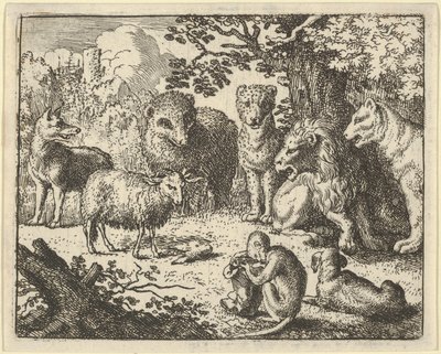 Der Affe öffnet das Paket und entfernt den Kopf des Kaninchens zur großen Überraschung der..., 1650-75 von Allart van Everdingen