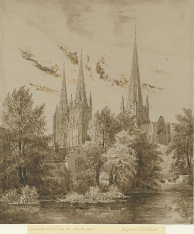 Lichfield Kathedrale - Südwestansicht: Sepiazeichnung, Jul. 1842 von Allen Edward Everitt