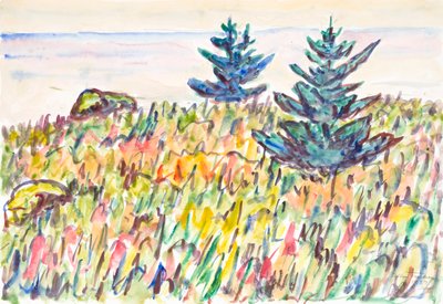 Aquarell Nr. 35, Feld mit zwei Kiefern, 1937 von Allen Tucker