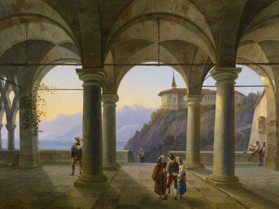 Säulenterrasse mit Menschen und Blick auf einen Bergsee von Alois Gustav Schulz