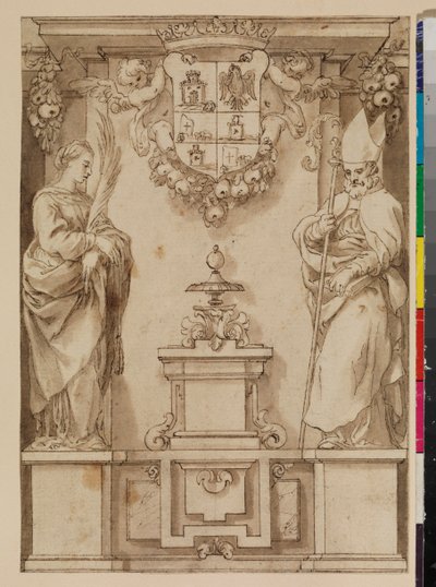 Entwurf für eine Titelseite mit zwei Heiligen auf Sockeln und einem imaginären spanischen Wappen, 17. Jahrhundert von Alonso Cano