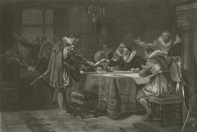 Henry Hudson erhält seinen Auftrag von der Niederländischen Ostindien-Kompanie, 1609 von Alonzo Chappel