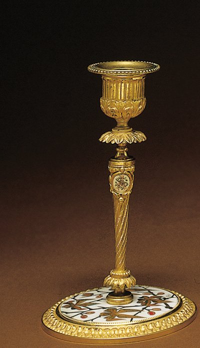 Kerzenhalter, aus einem Napoleon III Vier-Teile-Schreibtischset, Marketerie von Duvinage und Harinckouk, ca. 1877 von Alphonse Gustave Giroux