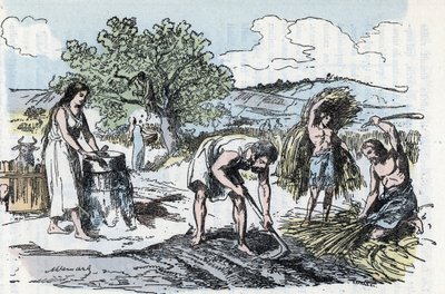 Alltagsleben in der Urgeschichte: Szene landwirtschaftlicher Arbeit im Eisenzeitalter von Alphonse Demarle