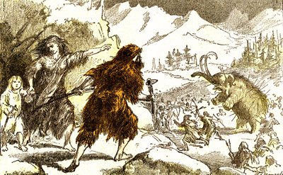 Vorgeschichte-Mammutjagd. Eiszeit: Natürliche Schöpfung und Lebewesen. Zeichnung von A. Demarle. 1885 von Alphonse Demarle