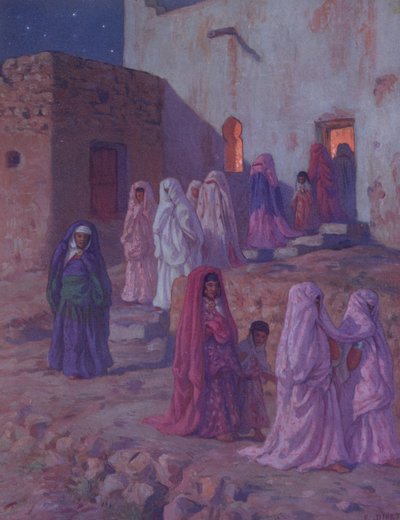 Muslime verlassen die Dorfmoschee am Vorabend von Mouled, Illustration aus einer Geschichte des Lebens des Propheten Mohammed, veröffentlicht in Paris 1918 von Alphonse Etienne Dinet