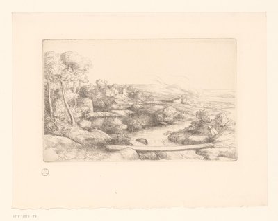 Landschaft mit Brücke über einen Fluss von Alphonse Legros (attributed to)