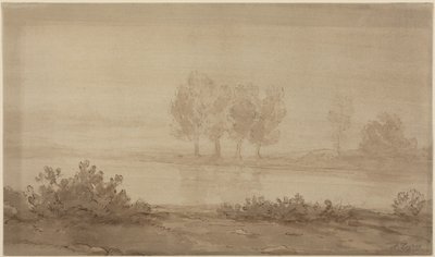 Landschaft - Vier Bäume jenseits eines Flusses von Alphonse Legros