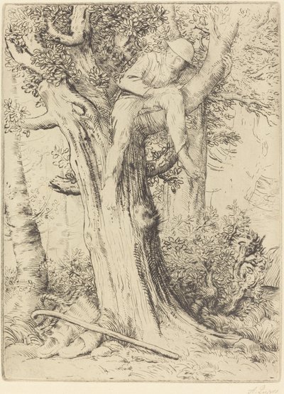 Landschaft mit einem Jungen in einem Baum (Detail) von Alphonse Legros