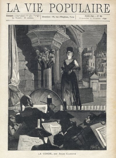 Ein Sänger, auf der Bühne, blickt dem Orchester im Graben entgegen, den Musikern und dem Dirigenten in voller Aufführung. Illustration von Alfons Maria Mucha von Alphonse Mucha