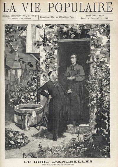 Am Eingang des Pfarrhauses wird eine Behandlung an eine jüngere Person gerichtet. Der Garten ist sehr blühend, ausgestattet mit einem Tank und einer Gießkanne, im Hintergrund sieht man den Kirchturm des Dorfes. Illustration von Alfons Maria Mucha (Alphonse von Alphonse Mucha