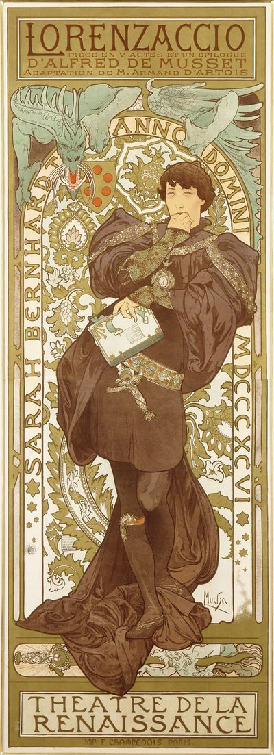 Lorenzaccio, Darstellung der stehenden Figur von Sarah Bernhardt in der Rolle, 1896 von Alphonse Mucha