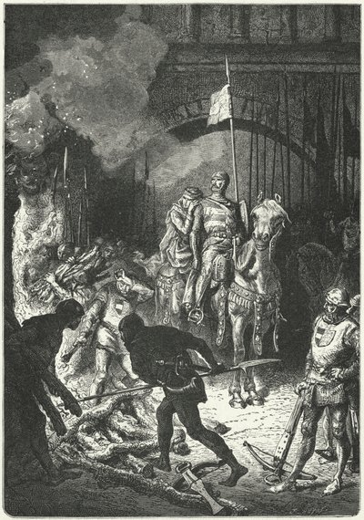 El Cid, begleitet von seiner Frau Dona Jimena, überwacht den Bau des Scheiterhaufens von Ahmed, maurischer König von Valencia von Alphonse Marie de (after) Neuville