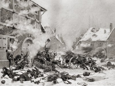 Feuerangriff auf ein verbarrikadiertes Haus, Fotogravur von Goupil und Company von Alphonse Marie de (after) Neuville
