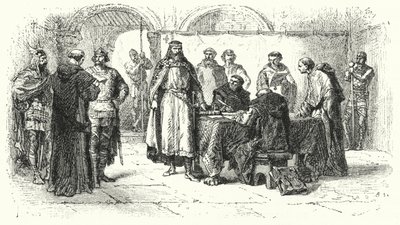 Proklamation des Katholizismus als Religion des gotischen Königreichs in Spanien auf dem Dritten Konzil von Toledo, 589 (Gravur) von Alphonse Marie de (after) Neuville