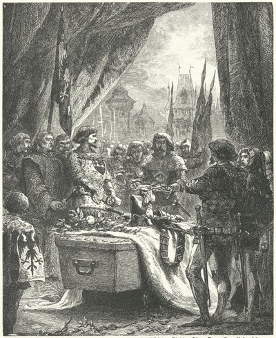 Der Kommandant von Chateauneuf de Randon legt die Schlüssel der Stadt auf den Sarg von Bertrand du Guesclin von Alphonse Marie de (after) Neuville