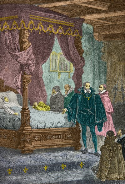 Gaspard de Coligny vor dem Sterbebett von Franz II. im Jahr 1560 (Gravur) von Alphonse Marie de Neuville