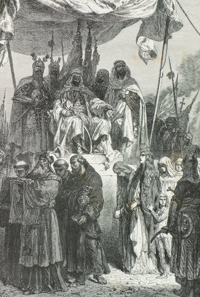 Saladin beobachtet, wie die Christen 1187 Jerusalem verlassen (Gravur) von Alphonse Marie de Neuville