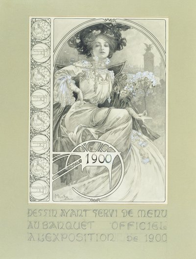 Offizielles Bankett der Pariser Weltausstellung 1900. Entwurf für das Menü von Alphonse Mucha