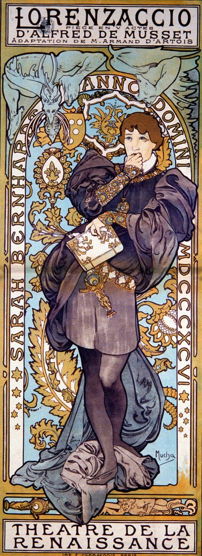 Plakat für Lorenzaccio Alfred de Musset, mit Sarah Bernhardt, Paris, 1896 von Alphonse Mucha
