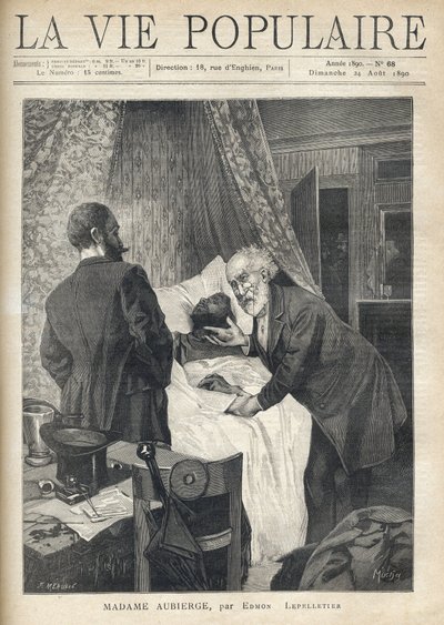 Zwei Männer beugen sich über ein Bett, um den Tod eines Mannes zu sehen. An der Tür beobachten andere Männer die Szene. Illustration von Alfons Maria Mucha (Alphonse Marie Mucha) von Alphonse Mucha