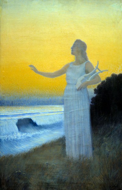 Hymne an das Meer, junge Frau mit Lyra am Meer, Figur, die die griechische Dichterin Sappho darstellt von Alphonse Osbert