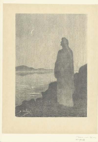 Stehende Frau am Wasser schaut auf den Mond (L
