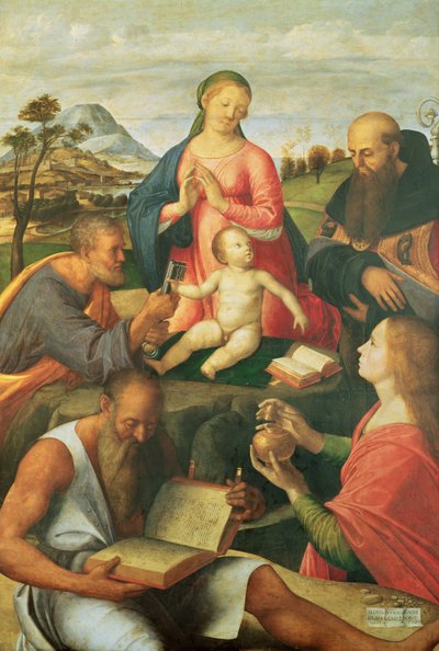 Madonna und Kind mit den Heiligen Petrus, Hieronymus und Maria Magdalena mit einem Bischof, 1500 von Alvise Vivarini