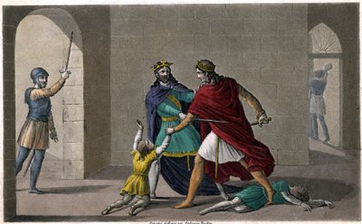 Childebert I. lässt Chlothar die Kinder ihres Bruders Chlodomir, König von Orléans, abschlachten, dessen Staaten sie teilen. Entworfen und graviert von Ambroise Tardieu im Jahr 1825 von Ambroise Tardieu