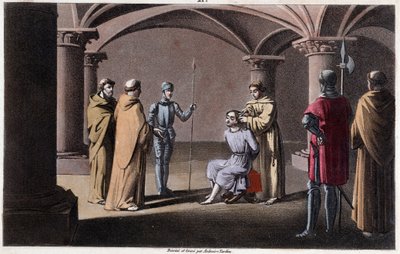 Childerich III. wird von Pippin dem Kurzen in ein Kloster in Saint Omer zwischen 742 und 749 verbannt. Gezeichnet und graviert von Ambroise Tardieu im Jahr 1825 von Ambroise Tardieu