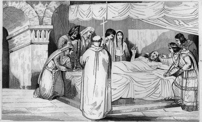Tod von Pepin von Herstal (635-714) umgeben von seiner Familie - Tod von Pepin de Herstal (Großvater von Pepin le Brief), umgeben von seiner Familie und in Anwesenheit von Dagobert III (im Jahr 714) - Gravur 1825 in „Histoire de France represented by synop von Ambroise Tardieu
