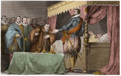 Heinrich III. (1551-1589), König von Frankreich, erkennt auf seinem Sterbebett Heinrich von Navarra (Heinrich IV.) als seinen rechtmäßigen Nachfolger an - Saint-Cloud, 2. August von Ambroise Tardieu