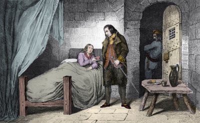 Ludwig XVII. (1785-95) krank und eingesperrt - der Dauphin von Frankreich Ludwig XVII. (1785-1795) krank im Gefängnis des Tempels - Gravur von 1825 in „Histoire de France“ dargestellt durch synoptische Gemälde, gewidmet den Kindern Frankreichs und verwende von Ambroise Tardieu