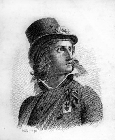 Porträt von Henri du Vergier, Graf von La Rochejaquelein (oder Verger de La Rochejacquelein) (1772-1794). Er trägt auf seiner Brust das Abzeichen der Verkäufer - in "Portraits der französischen Generäle nach den Siegen und Eroberungen der Franzosen". Gravi von Ambroise Tardieu