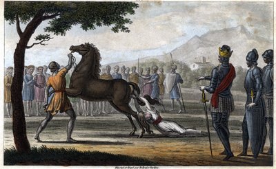 Der Tod von Königin Brunhilda von Austrasien, einer westgotischen Prinzessin, verheiratet mit König Sigebert I. von Austrasien - Tod von Brunehaut (oder Brunehilde) auf Befehl von Chlothar II. (613). Gezeichnet und graviert von Ambroise Tardieu im Jahr 182 von Ambroise Tardieu