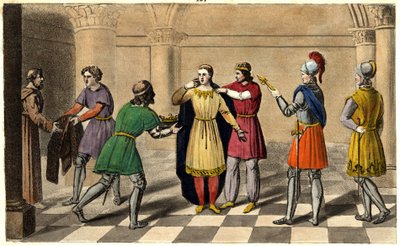 Thierry III wird aus der Abtei Saint Denis geholt, um den Thron zu besteigen. Entworfen und graviert von Ambroise Tardieu im Jahr 1825 von Ambroise Tardieu