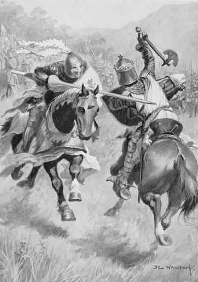 Begegnung zwischen Robert Bruce und Sir Henry de Bohun, Illustration aus British Battles on Land and Sea von Ambrose de Walton
