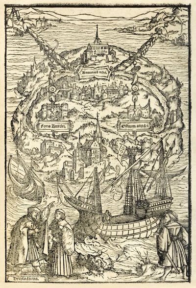 Karte der Neuen Insel Utopia aus einer Ausgabe von 1518 von Utopia von Sir Thomas More (1478-1535), erstmals veröffentlicht 1516. Holzschnitt von Ambrosius Holbein (ca. 1494-ca. 1519) von Ambrosius Holbein