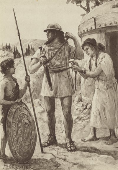 Ein italischer Bauer der Bronzezeit rüstet sich für den Kampf (Lithografie) von Amedee (after) Forestier