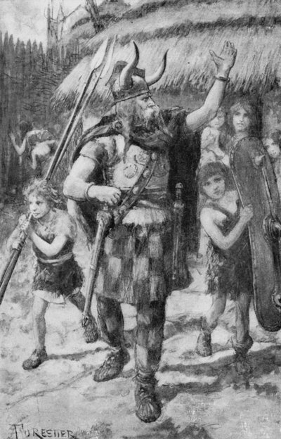 Die keltischen Bewohner eines Dorfes in Britannien machen sich auf, die einfallenden Teutonen abzuwehren (Lithografie) von Amedee (after) Forestier