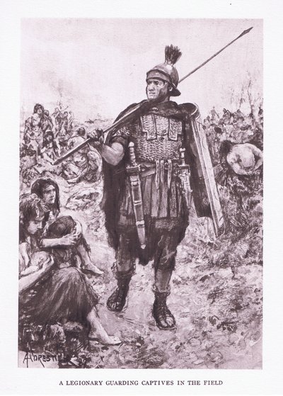 Ein Legionär bewacht Gefangene auf einem Feld, Illustration aus Der römische Soldat, 1928 von Amedee Forestier