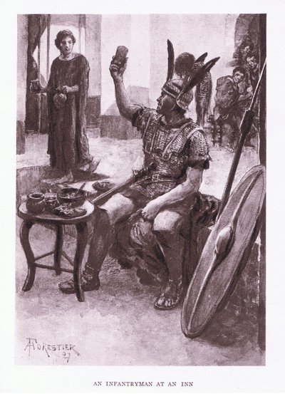 Ein Infanterist in einem Gasthaus, Illustration aus Der römische Soldat, 1928 von Amedee Forestier