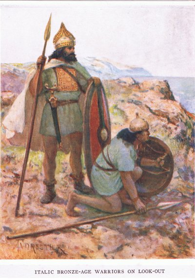 Italische Bronzezeit-Krieger auf der Wache, Illustration aus 
