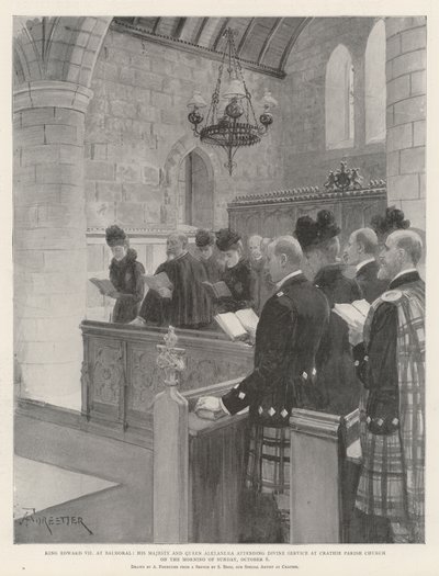 König Edward VII in Balmoral, Seine Majestät und Königin Alexandra besuchen den Gottesdienst in der Crathie Parish Church am Morgen des Sonntags, 6. Oktober von Amedee Forestier